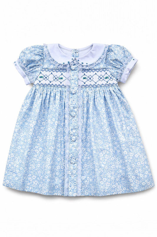 LOUISA BLUE FLORAL HAND-SMOCKED DRESS