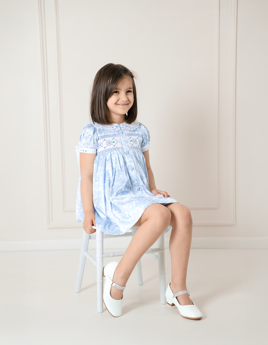 LOUISA BLUE FLORAL HAND-SMOCKED DRESS