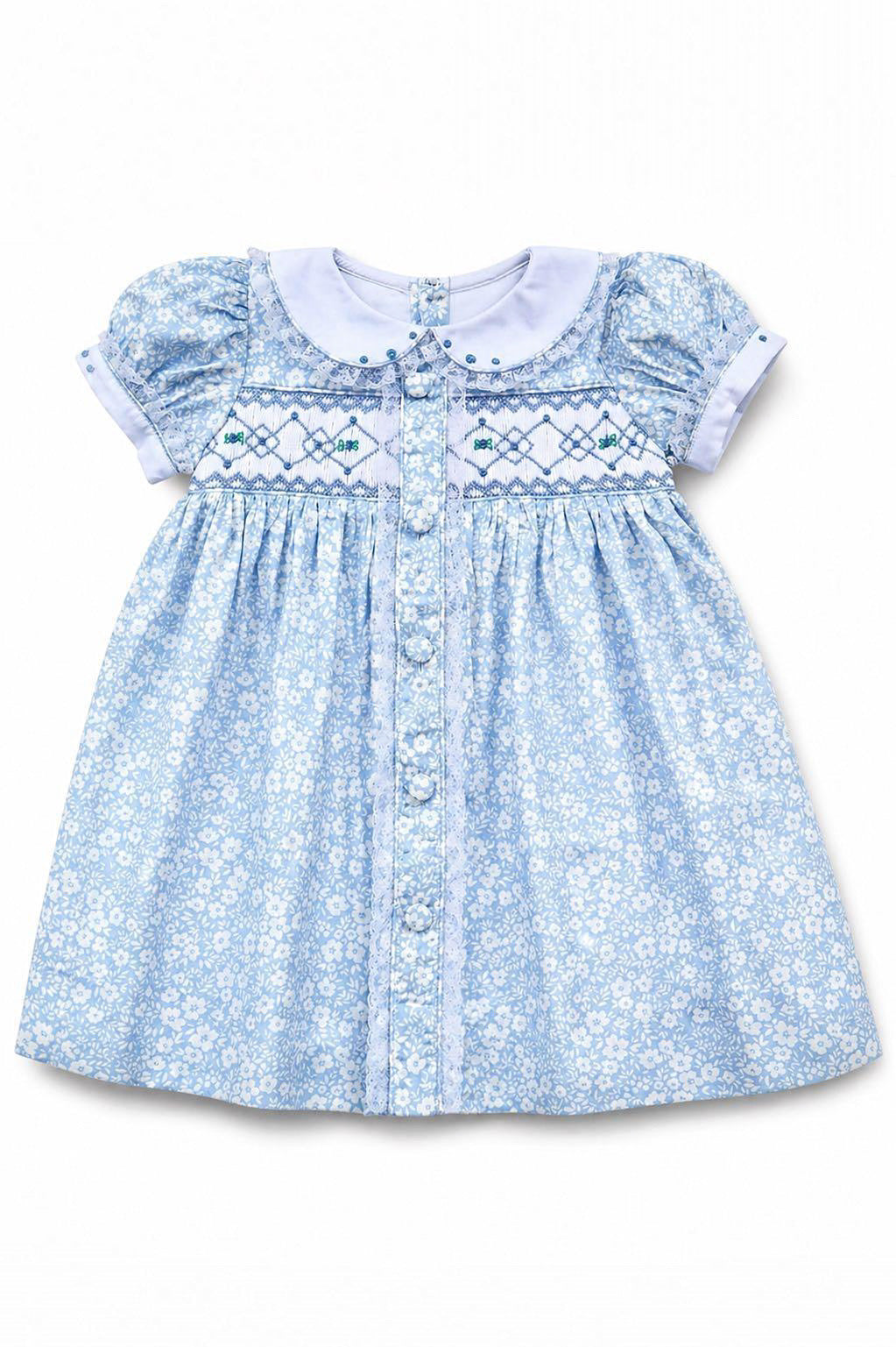 LOUISA BLUE FLORAL HAND-SMOCKED DRESS